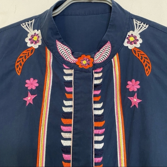 Prada Embroidered Peasant Blouse Floral Crochet 100% Cotton Navy Blue Colorful S - Picture 2 of 13